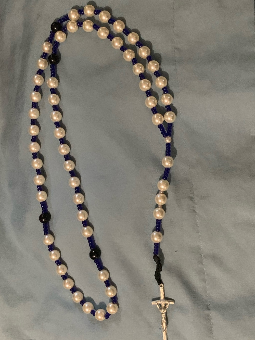 Handcrafted Vintage Pearl and Navy Beaded Rosary Necklace with Silver Crucifix